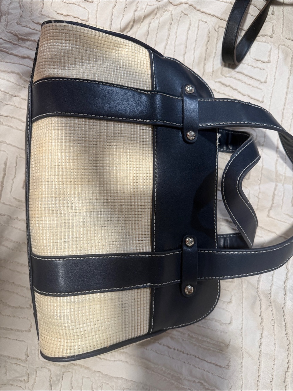 LOFT Navy and Cream Satchel with Woven Panels